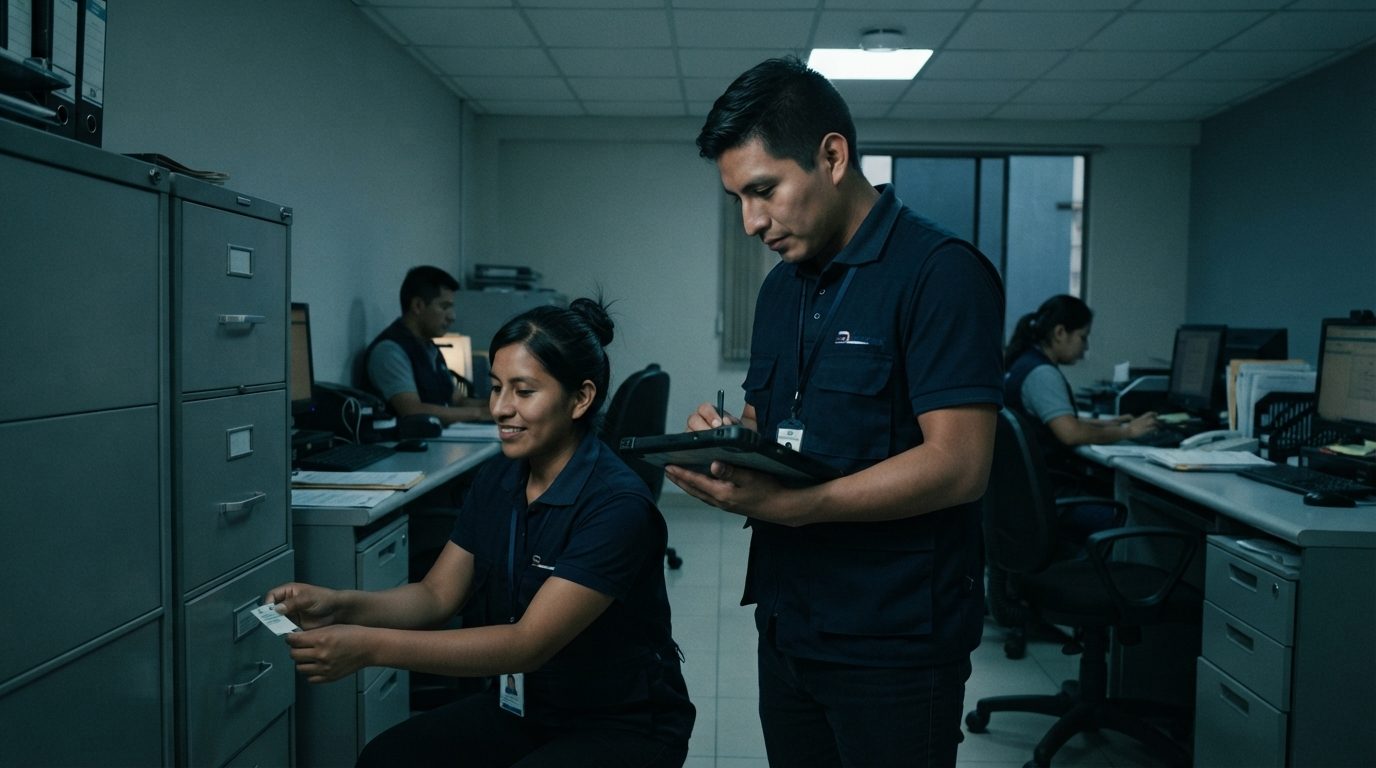 Dos trabajadores levantan el inventario de activos fijos en una oficina, registrando los bienes en una tableta.